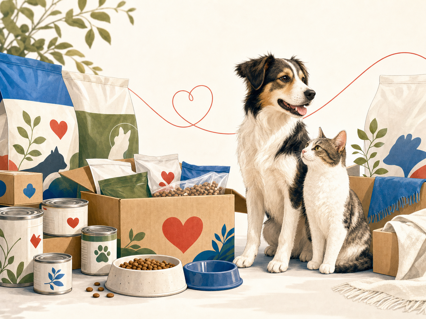 寄贈されたペットフードと犬猫を描いたイラスト